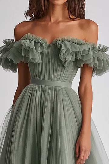 Dusty Sage Off The Shoulder Ruffled A Line Formal Dress